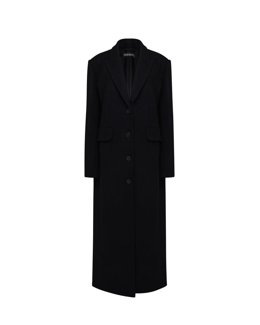 CUT AWAY BOXY COAT IN BLACK VIRGIN WOOL